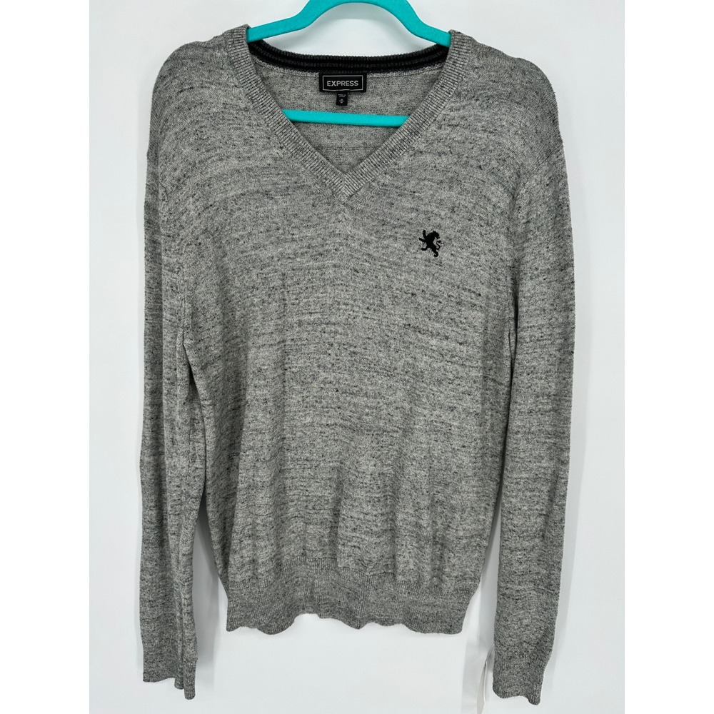 Express Mens V-Neck Sweater Heathered Grey Lion Logo Cotton Pullover Medium